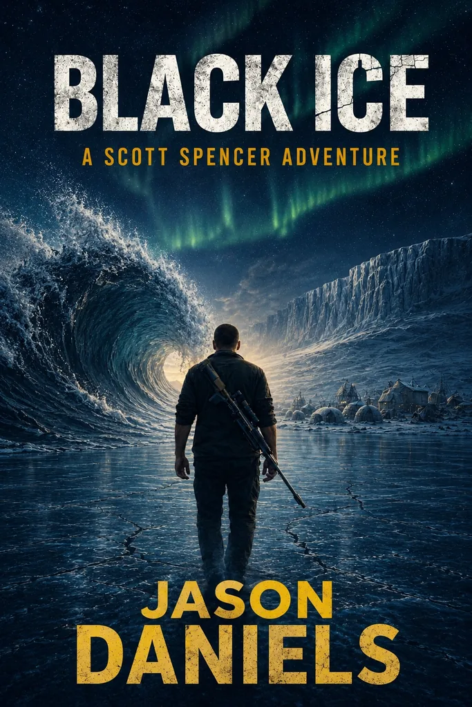 Black Ice book cover: an armed figure walks toward a towering frozen wave beneath the northern lights